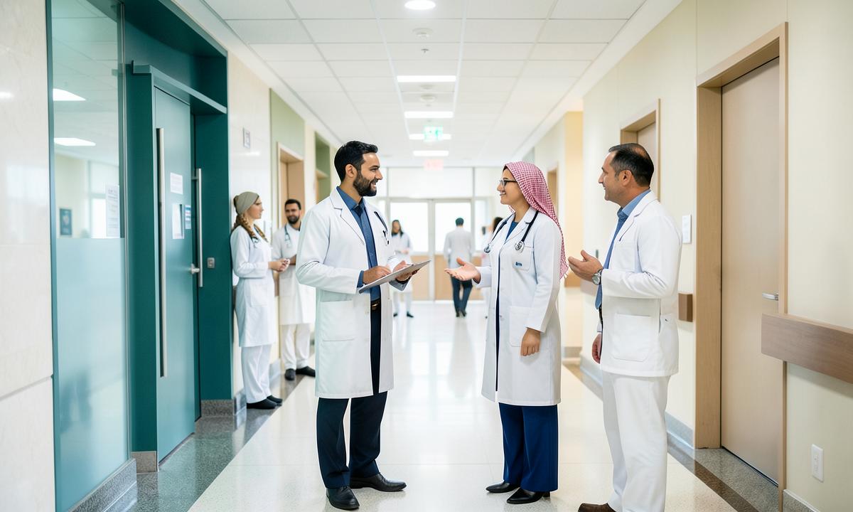 Healthcare professionals conferring in a modern UAE hospital