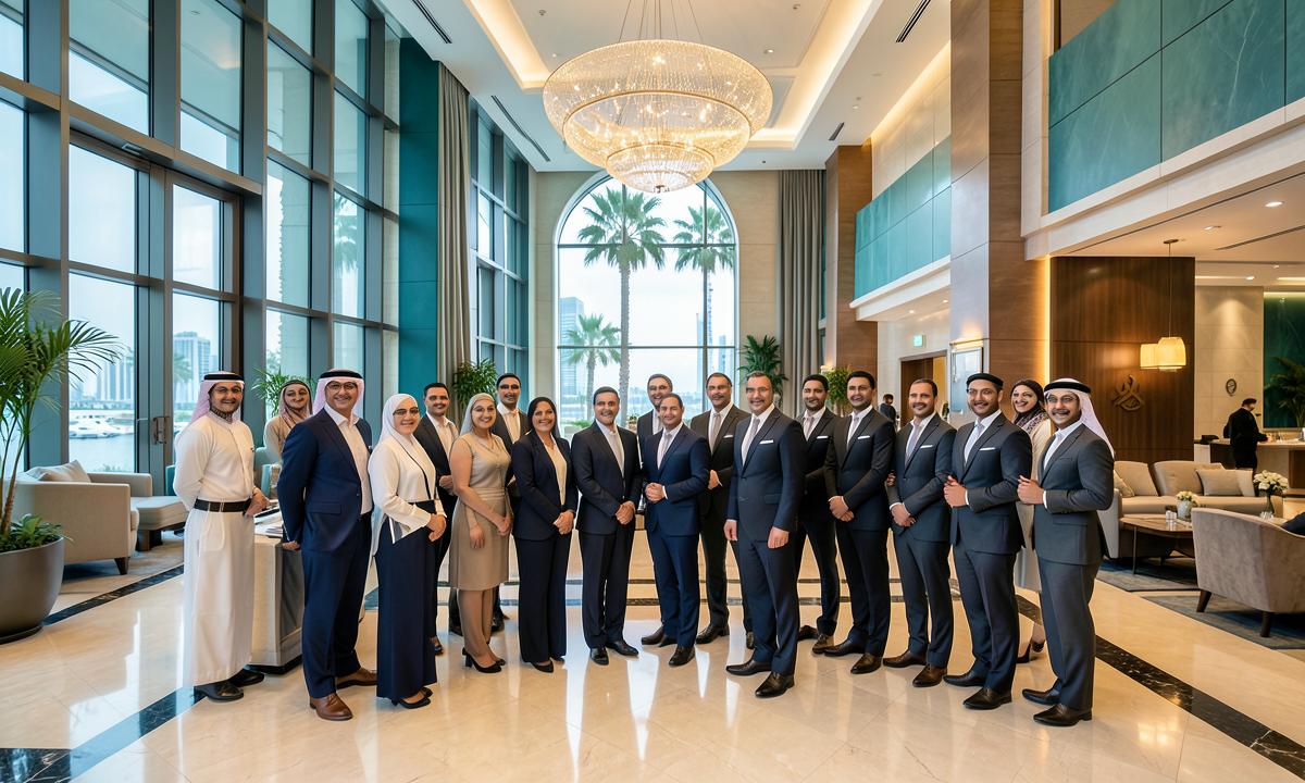 Hospitality professionals in a luxury UAE hotel lobby