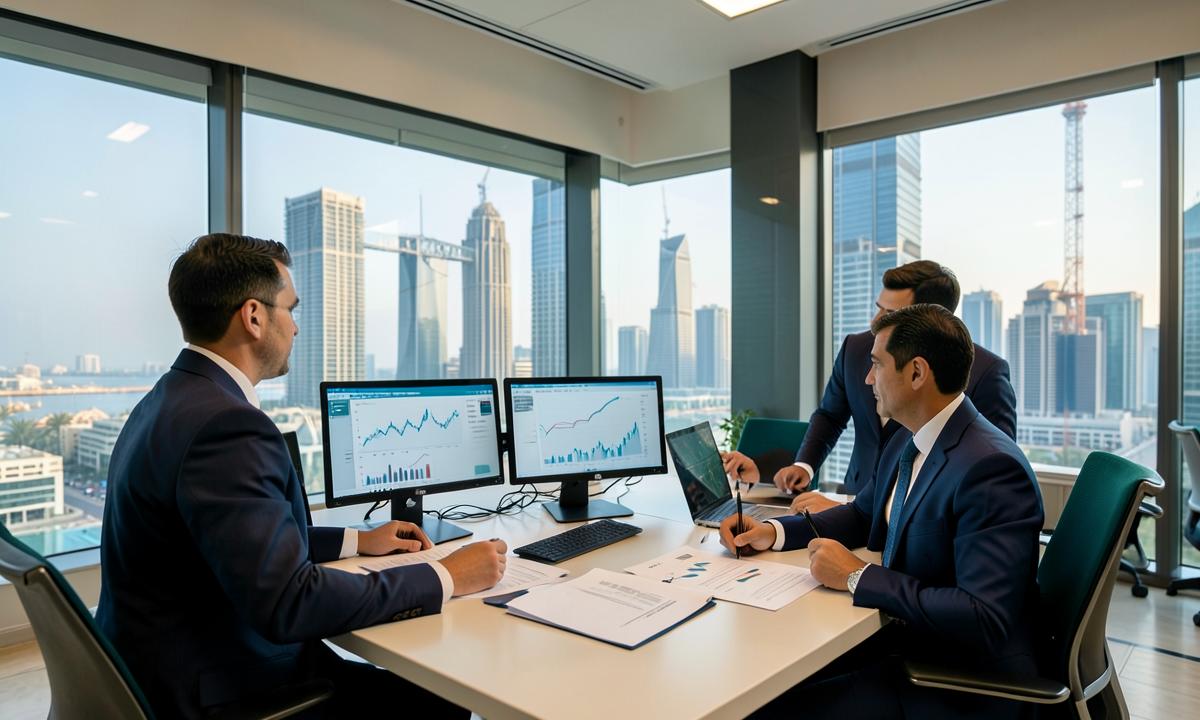 Finance professionals reviewing market charts in an Abu Dhabi office