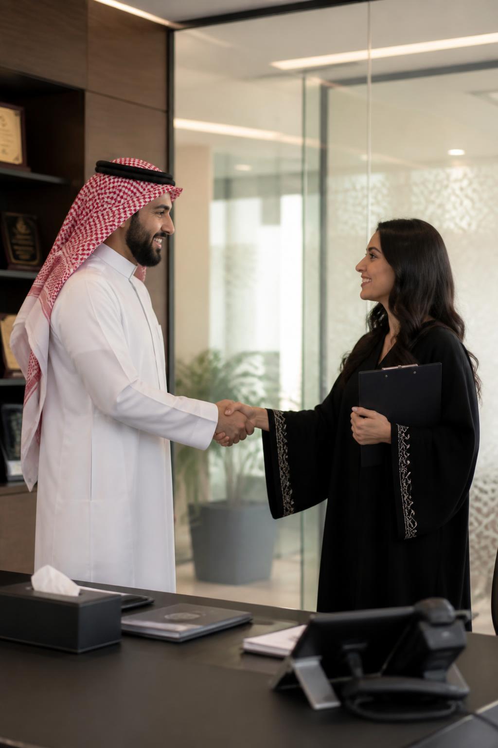 Two professionals shaking hands after a successful hiring conversation in a modern UAE office.